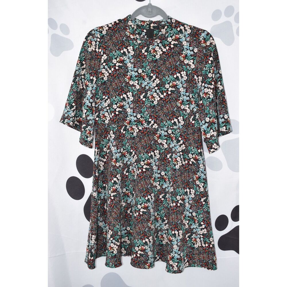 Zara Basic Short Sleeve Floral Mini Dress High Neck Skater Dress Multi Color Med